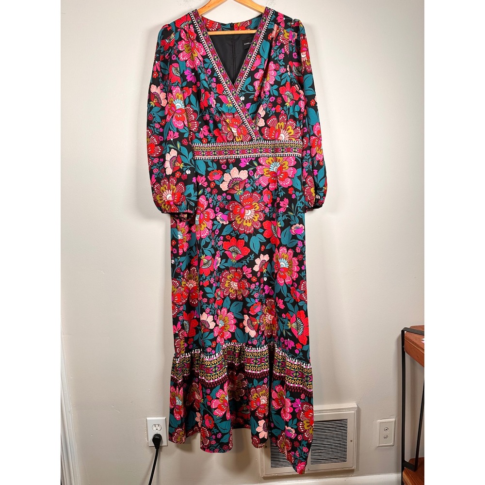 Donna Morgan Maxi Dress Womens 14 Multi Floral Long Sleeve Boho V-Neck Tiered - Picture 2 of 7